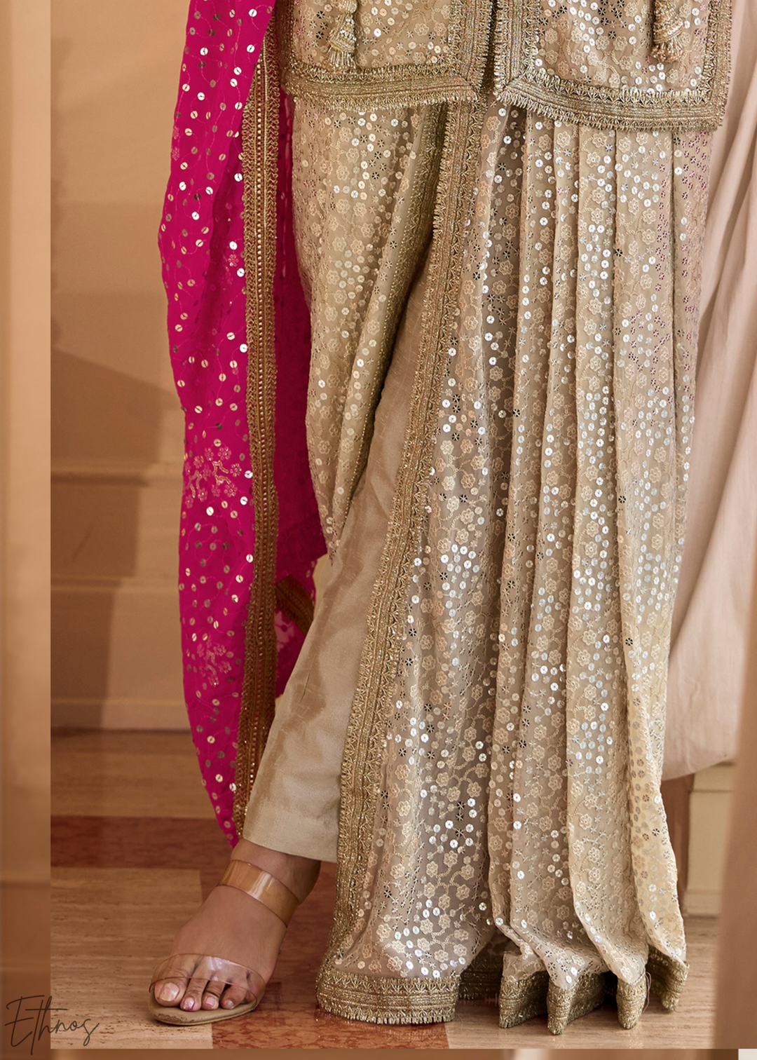 Beige & Pink Gilded Georgette Cowl Pant Set