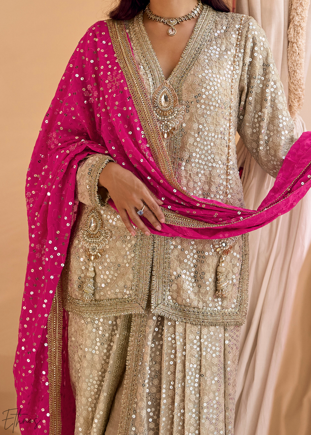 Beige & Pink Gilded Georgette Cowl Pant Set