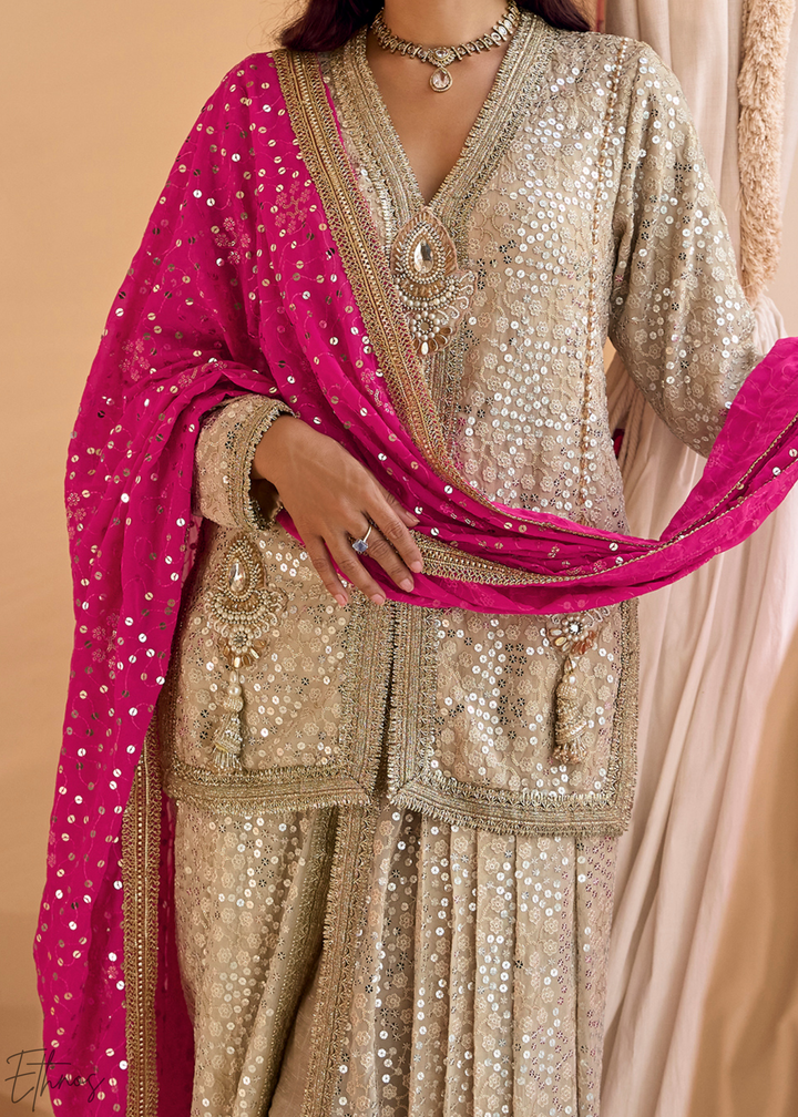 Beige & Pink Gilded Georgette Cowl Pant Set