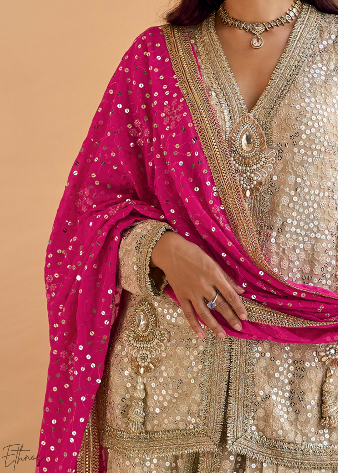 Beige & Pink Gilded Georgette Cowl Pant Set