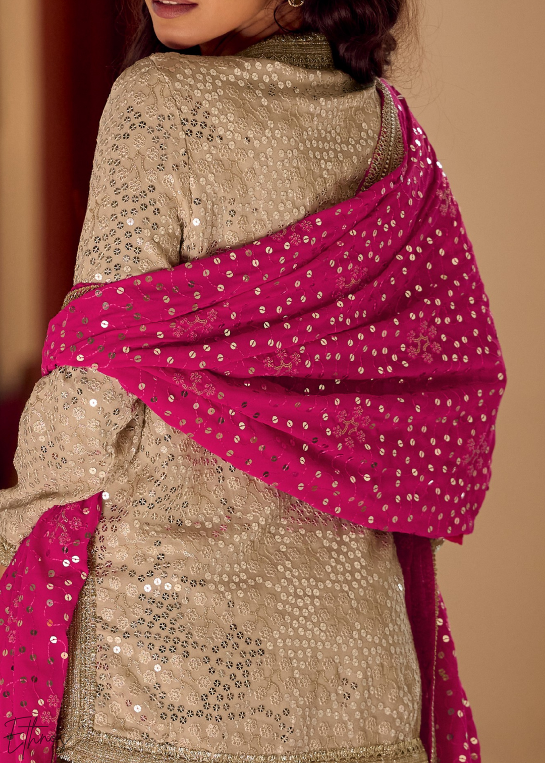 Beige & Pink Gilded Georgette Cowl Pant Set