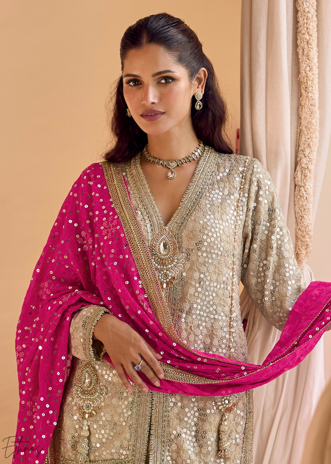 Beige & Pink Gilded Georgette Cowl Pant Set