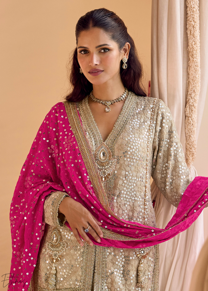 Beige & Pink Gilded Georgette Cowl Pant Set