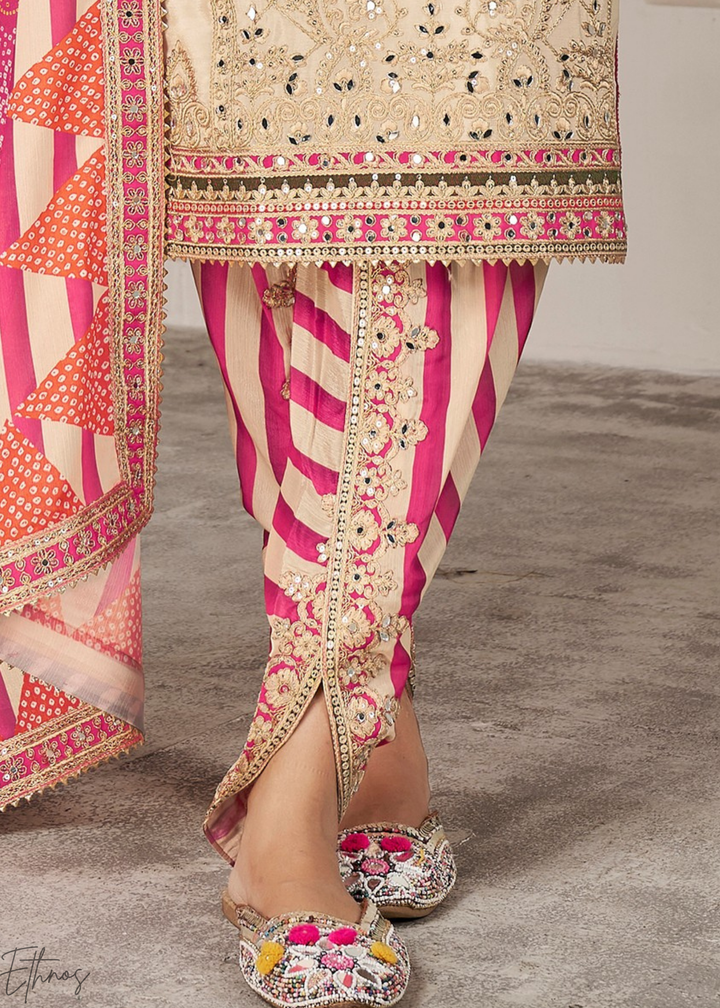 Cream & Pink Glaze Printed Chinon Dhoti Suit