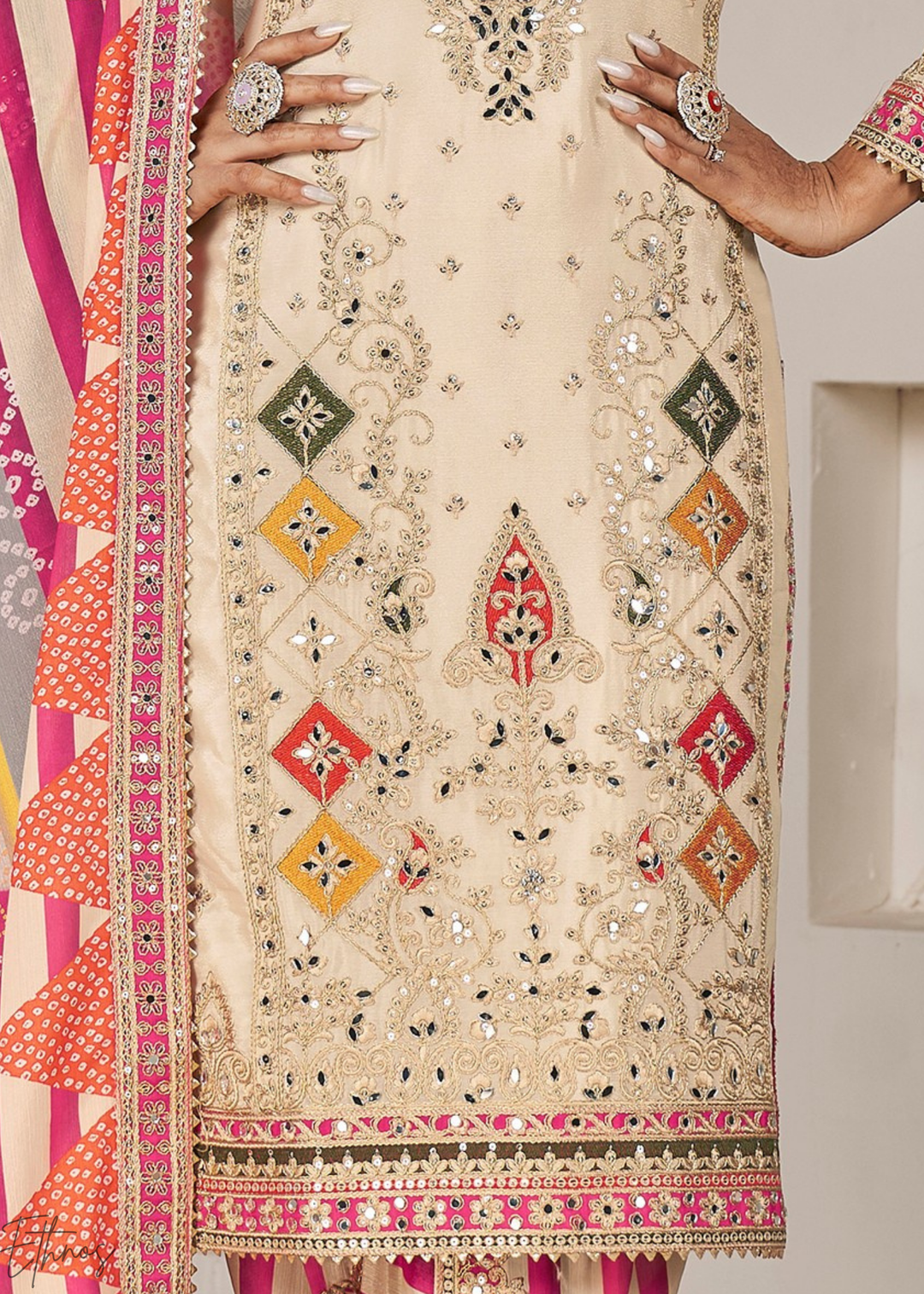 Cream & Pink Glaze Printed Chinon Dhoti Suit
