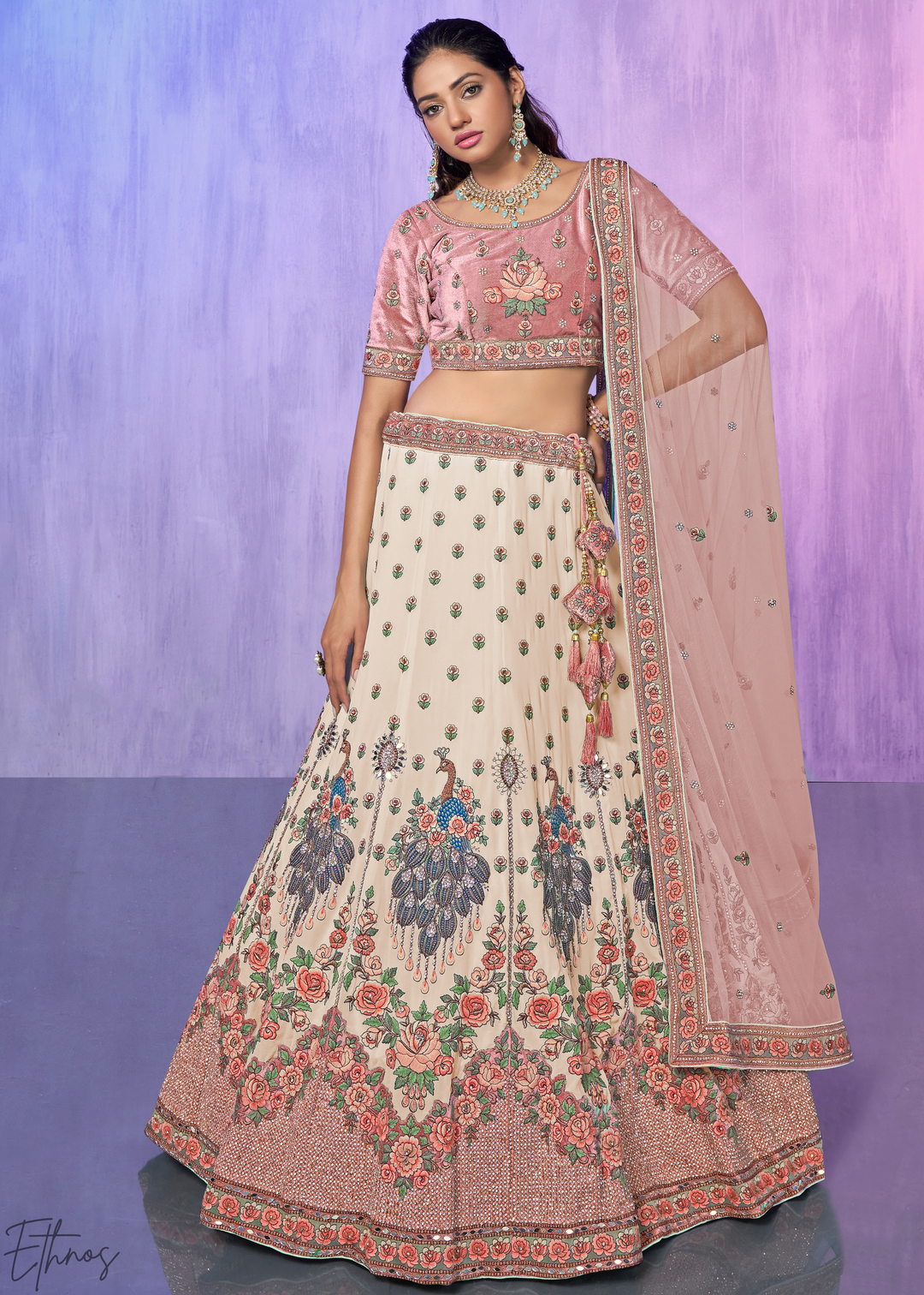 Cream & Pink Peacock Floral Embroidered Velvet Lehenga Choli Set