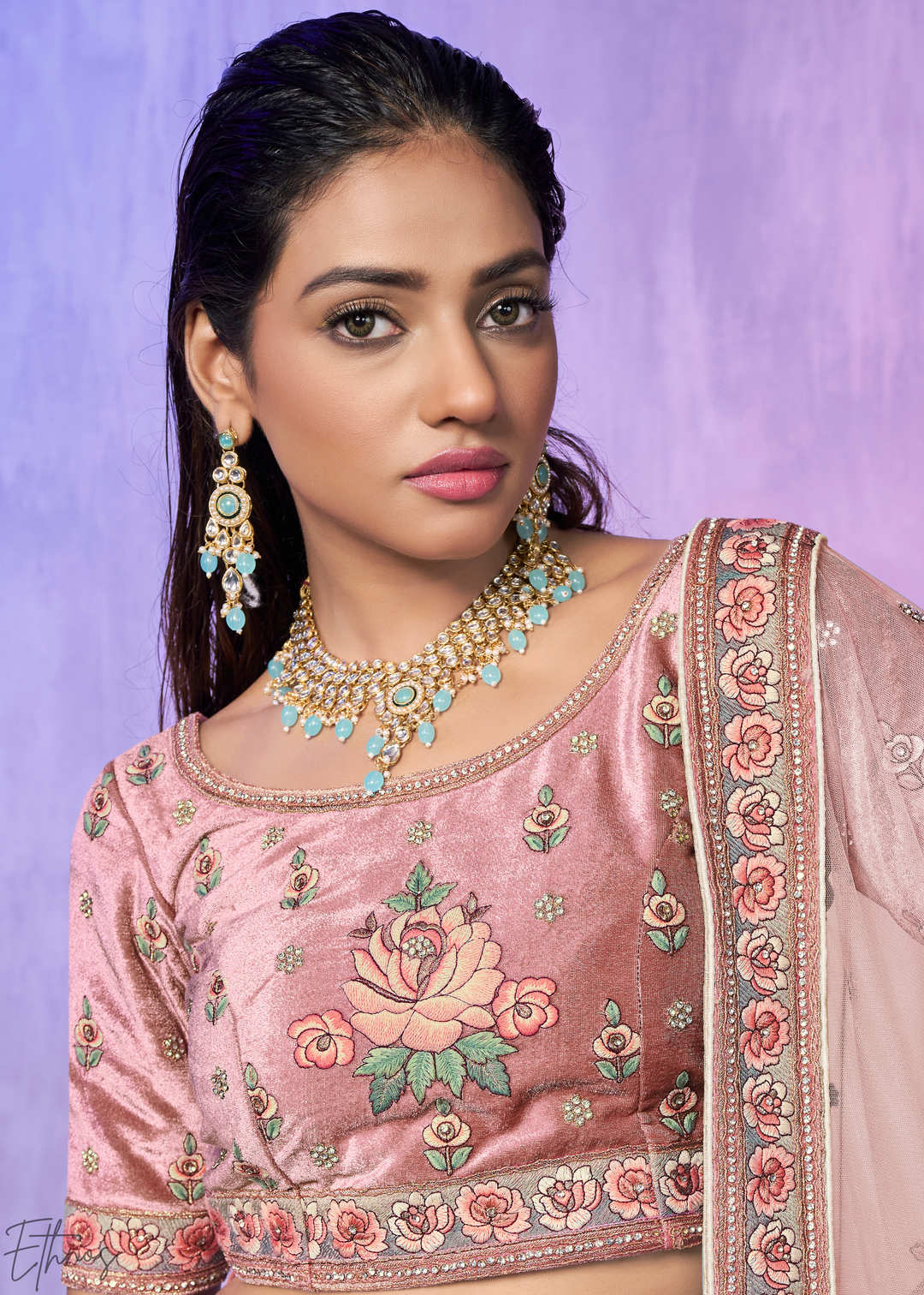 Cream & Pink Peacock Floral Embroidered Velvet Lehenga Choli Set