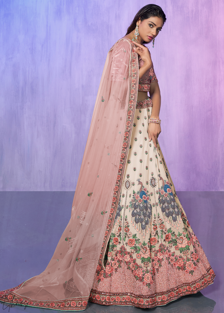 Cream & Pink Peacock Floral Embroidered Velvet Lehenga Choli Set