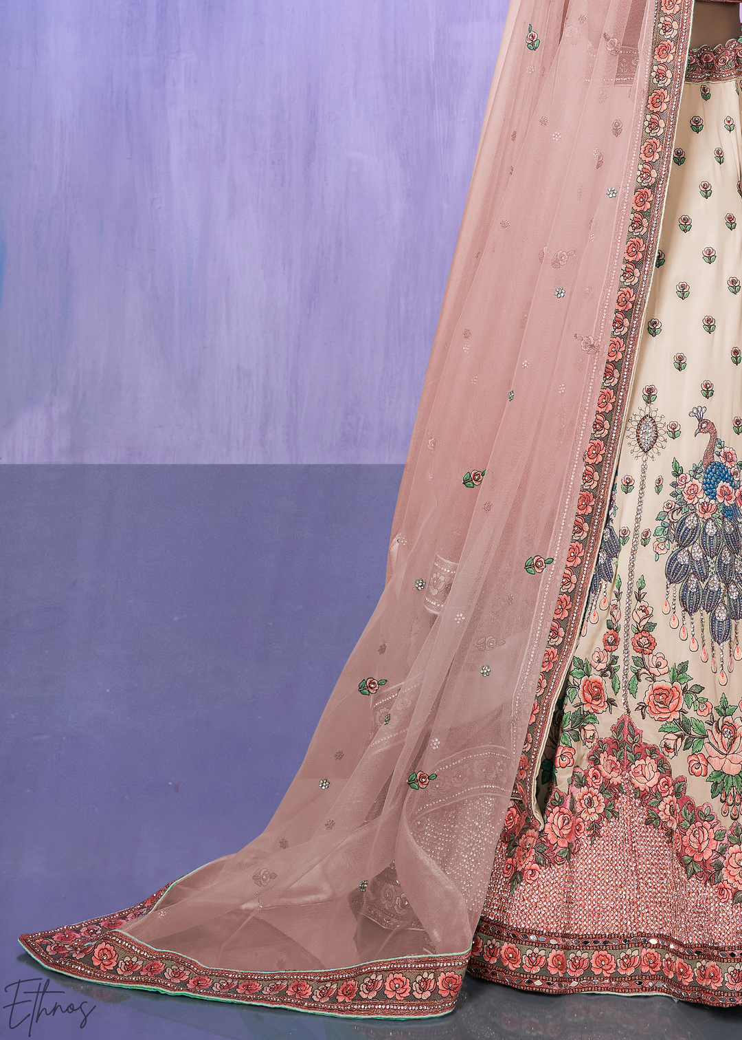 Cream & Pink Peacock Floral Embroidered Velvet Lehenga Choli Set