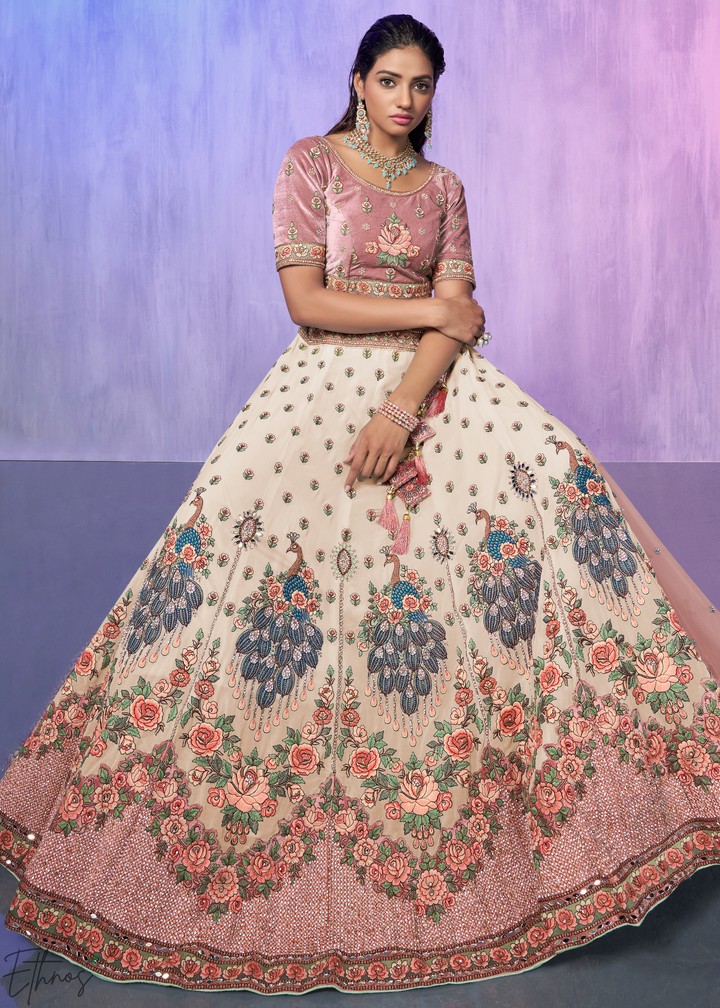 Cream & Pink Peacock Floral Embroidered Velvet Lehenga Choli Set