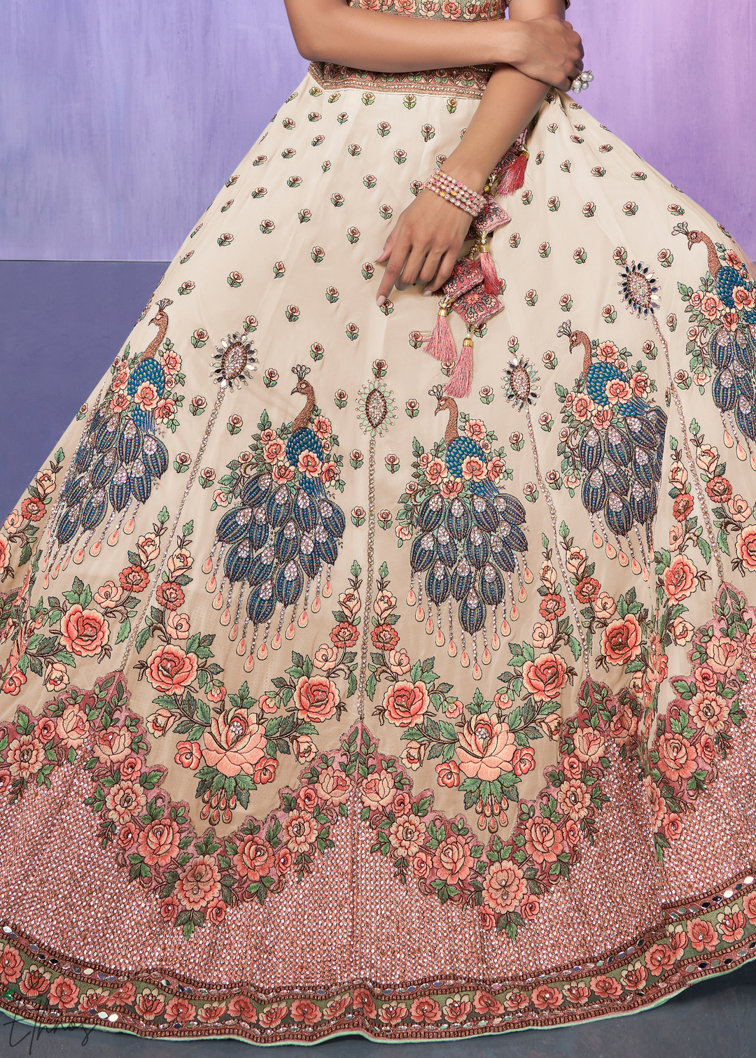 Cream & Pink Peacock Floral Embroidered Velvet Lehenga Choli Set