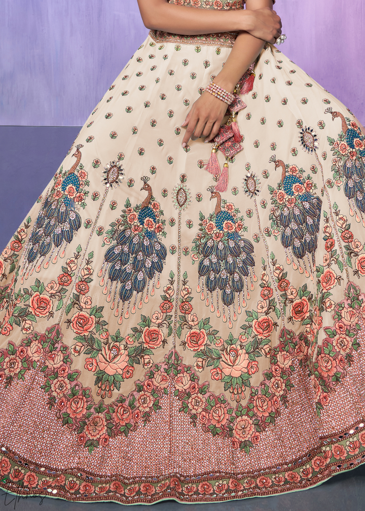 Cream & Pink Peacock Floral Embroidered Velvet Lehenga Choli Set