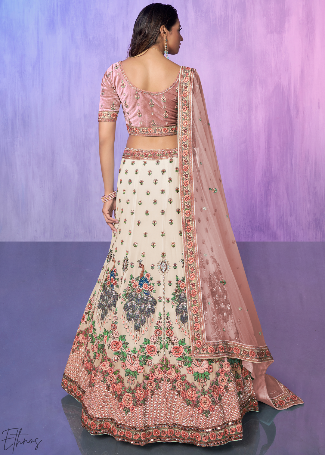 Cream & Pink Peacock Floral Embroidered Velvet Lehenga Choli Set