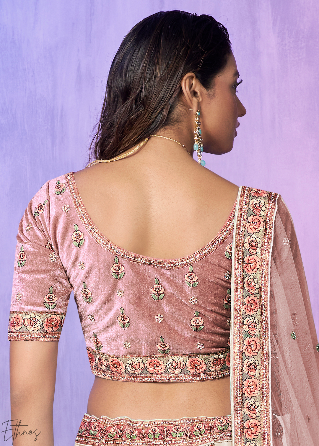 Cream & Pink Peacock Floral Embroidered Velvet Lehenga Choli Set