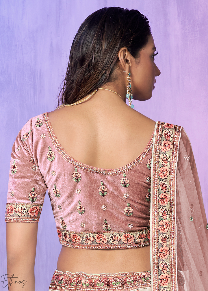 Cream & Pink Peacock Floral Embroidered Velvet Lehenga Choli Set
