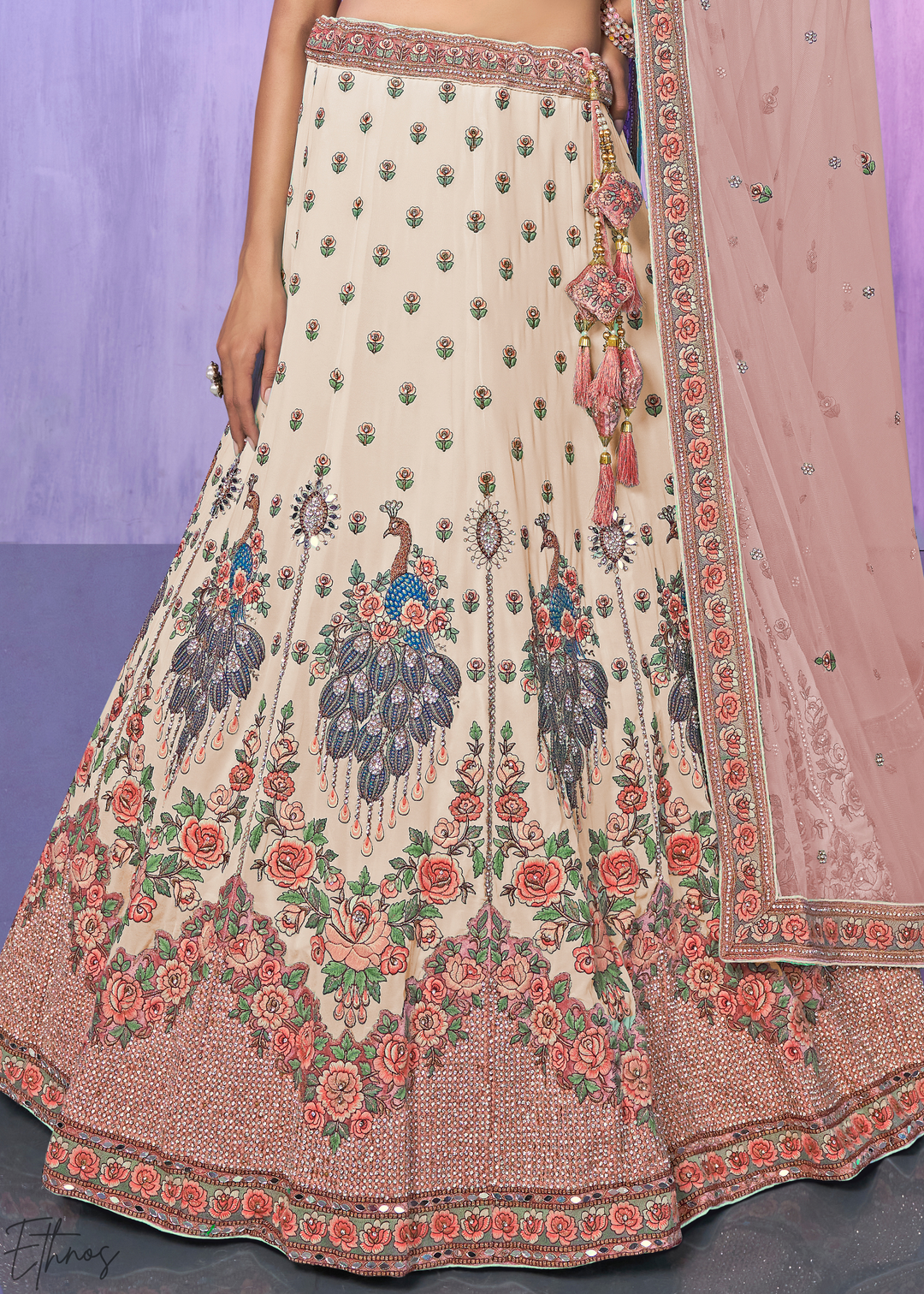 Cream & Pink Peacock Floral Embroidered Velvet Lehenga Choli Set