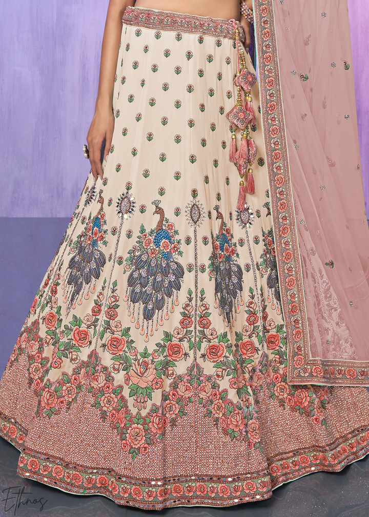 Cream & Pink Peacock Floral Embroidered Velvet Lehenga Choli Set