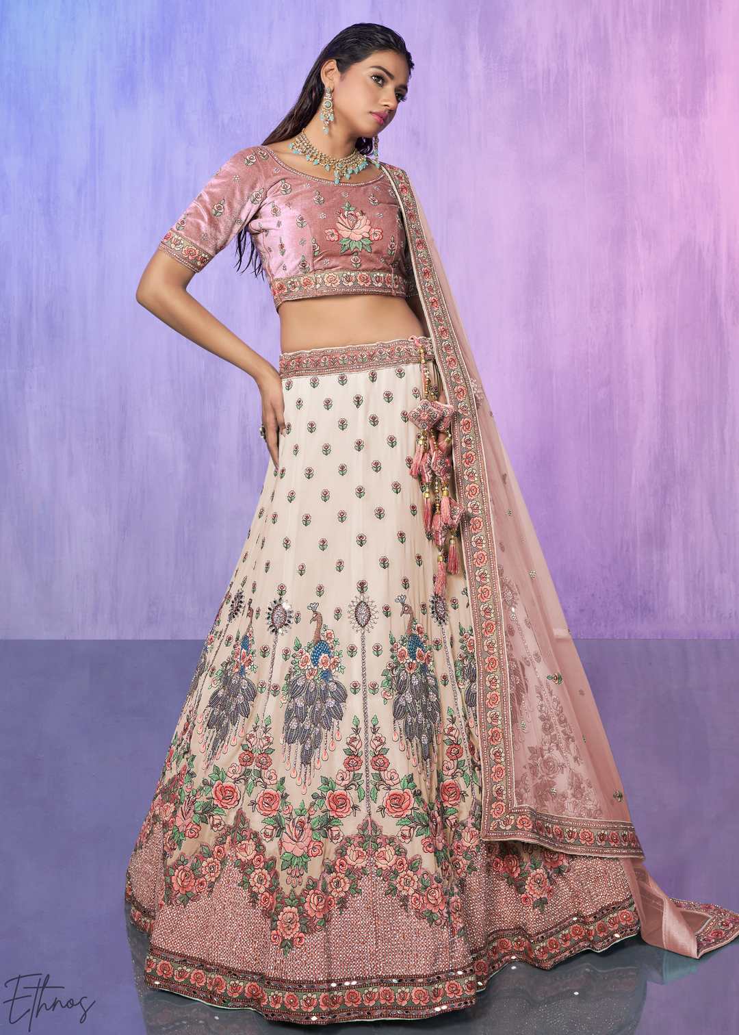 Cream & Pink Peacock Floral Embroidered Velvet Lehenga Choli Set