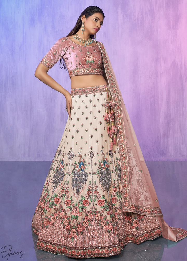 Cream & Pink Peacock Floral Embroidered Velvet Lehenga Choli Set