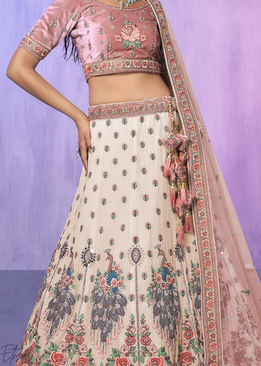 Cream & Pink Peacock Floral Embroidered Velvet Lehenga Choli Set