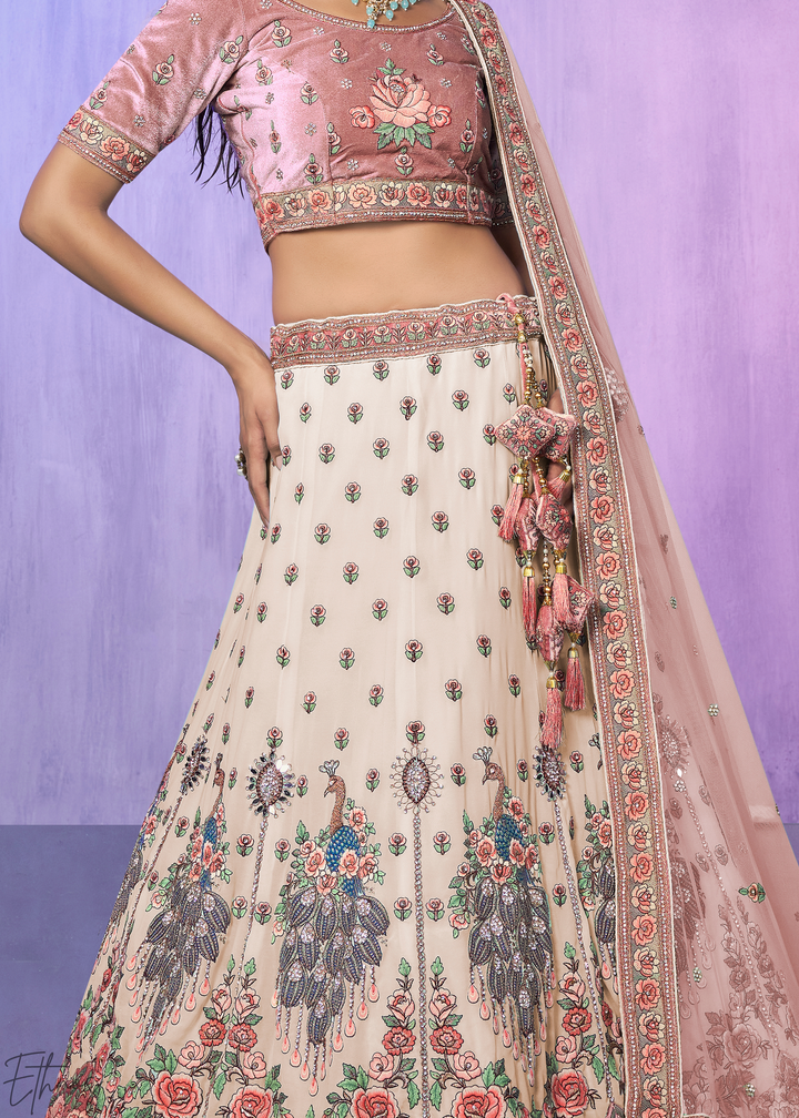 Cream & Pink Peacock Floral Embroidered Velvet Lehenga Choli Set