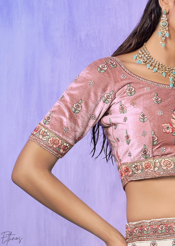 Cream & Pink Peacock Floral Embroidered Velvet Lehenga Choli Set