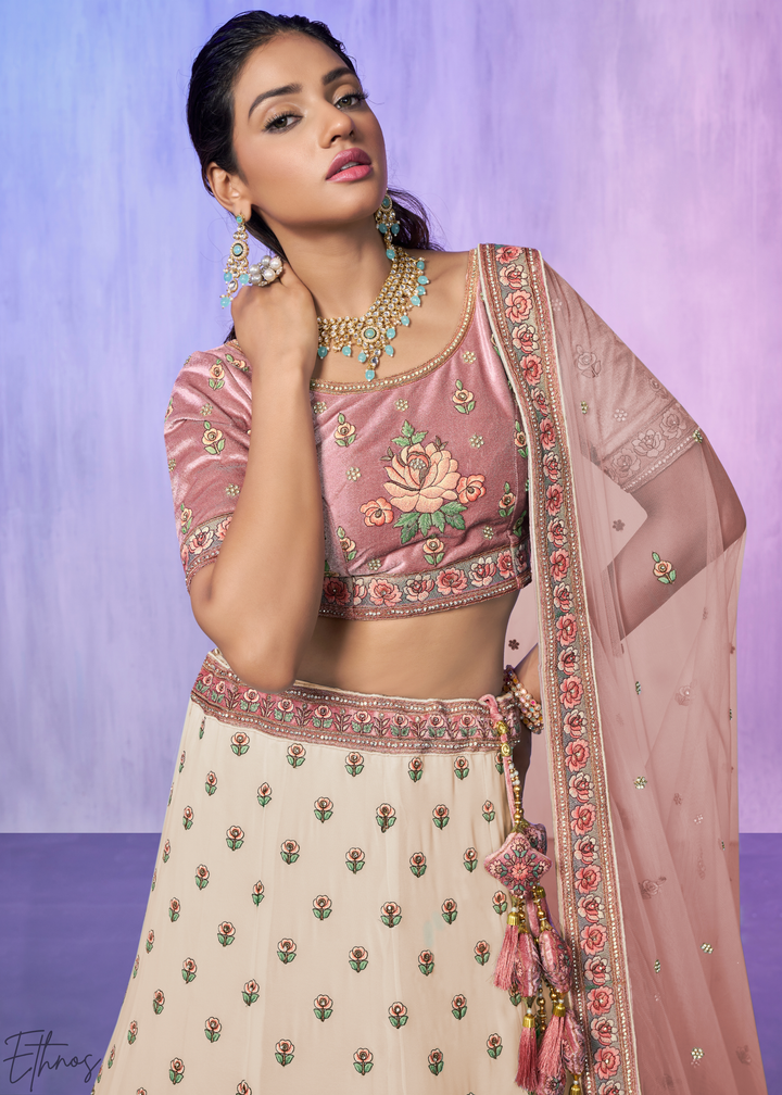Cream & Pink Peacock Floral Embroidered Velvet Lehenga Choli Set