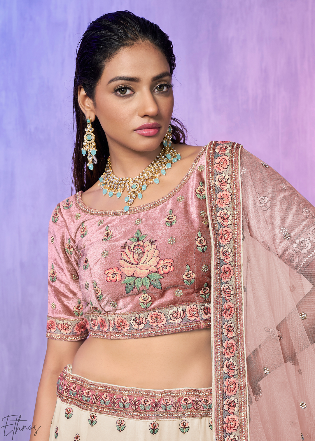 Cream & Pink Peacock Floral Embroidered Velvet Lehenga Choli Set