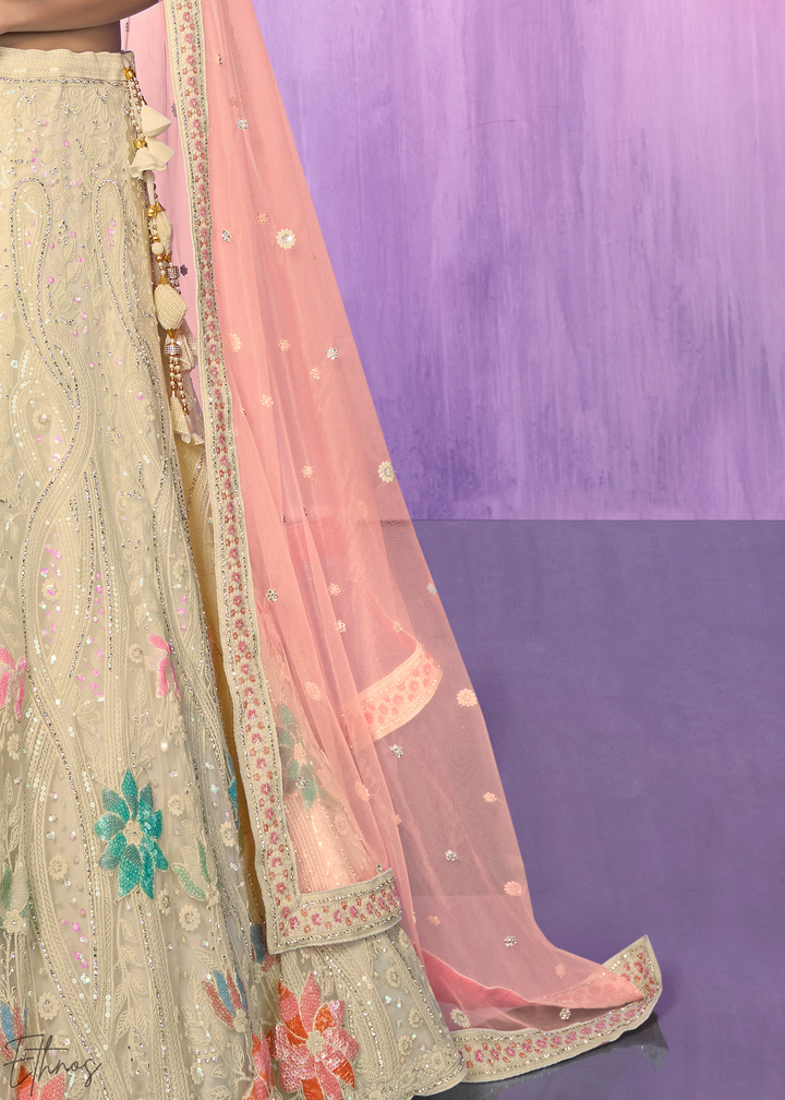Cream & Pink Floral Embroidered Net Lehenga Choli Set