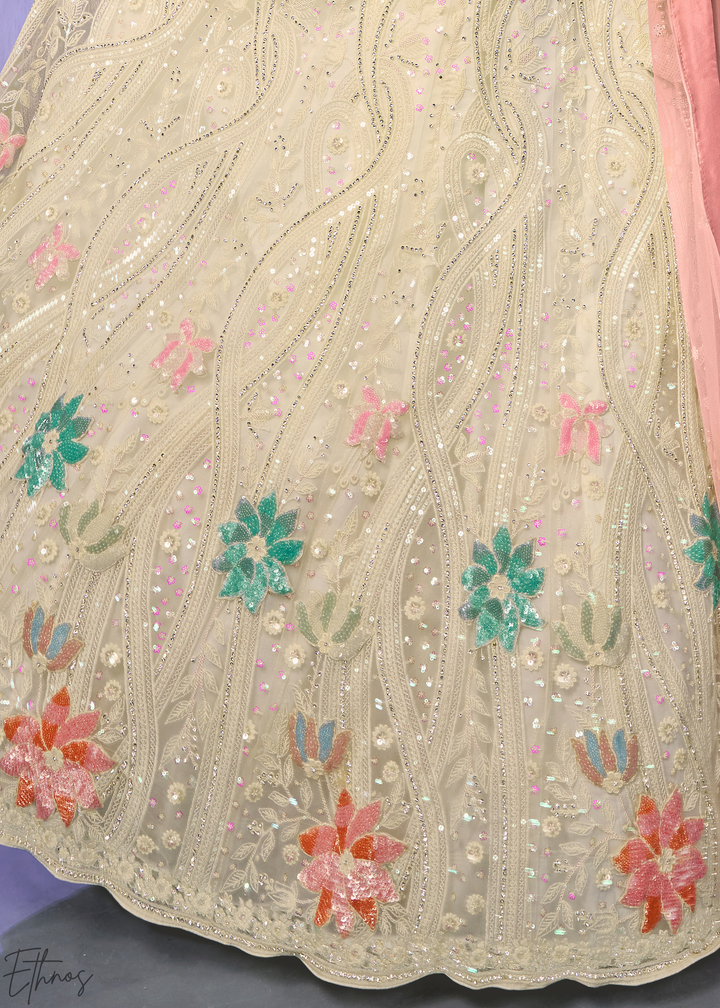 Cream & Pink Floral Embroidered Net Lehenga Choli Set