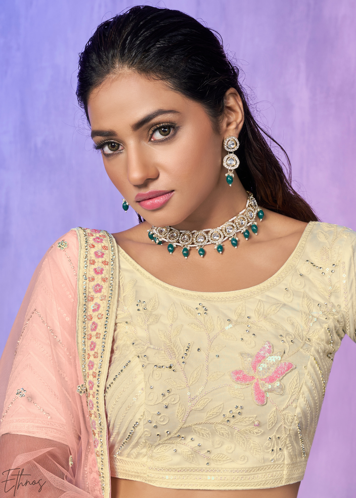 Cream & Pink Floral Embroidered Net Lehenga Choli Set