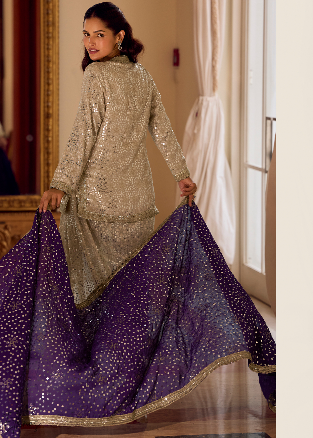 Beige & Purple Gilded Georgette Cowl Pant Set