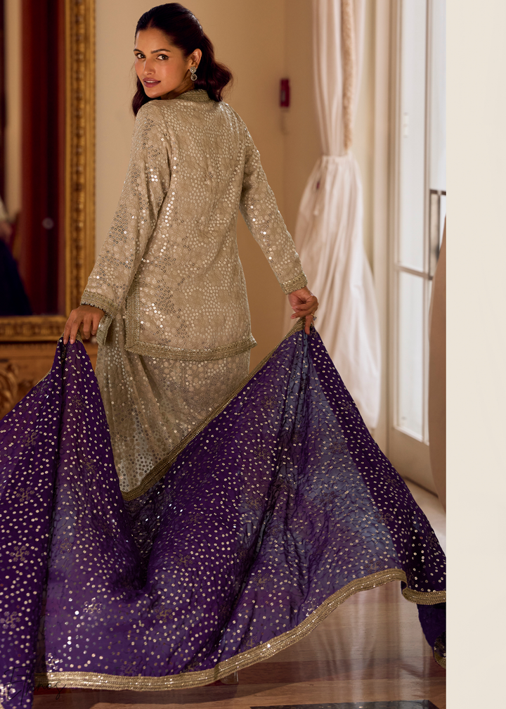 Beige & Purple Gilded Georgette Cowl Pant Set