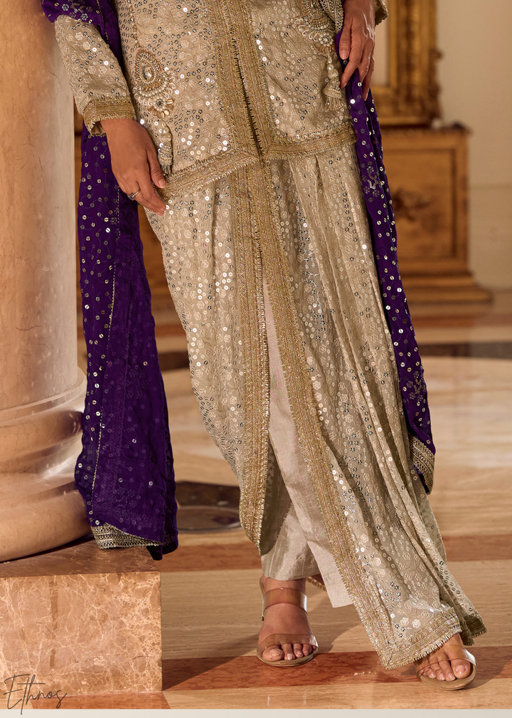 Beige & Purple Gilded Georgette Cowl Pant Set