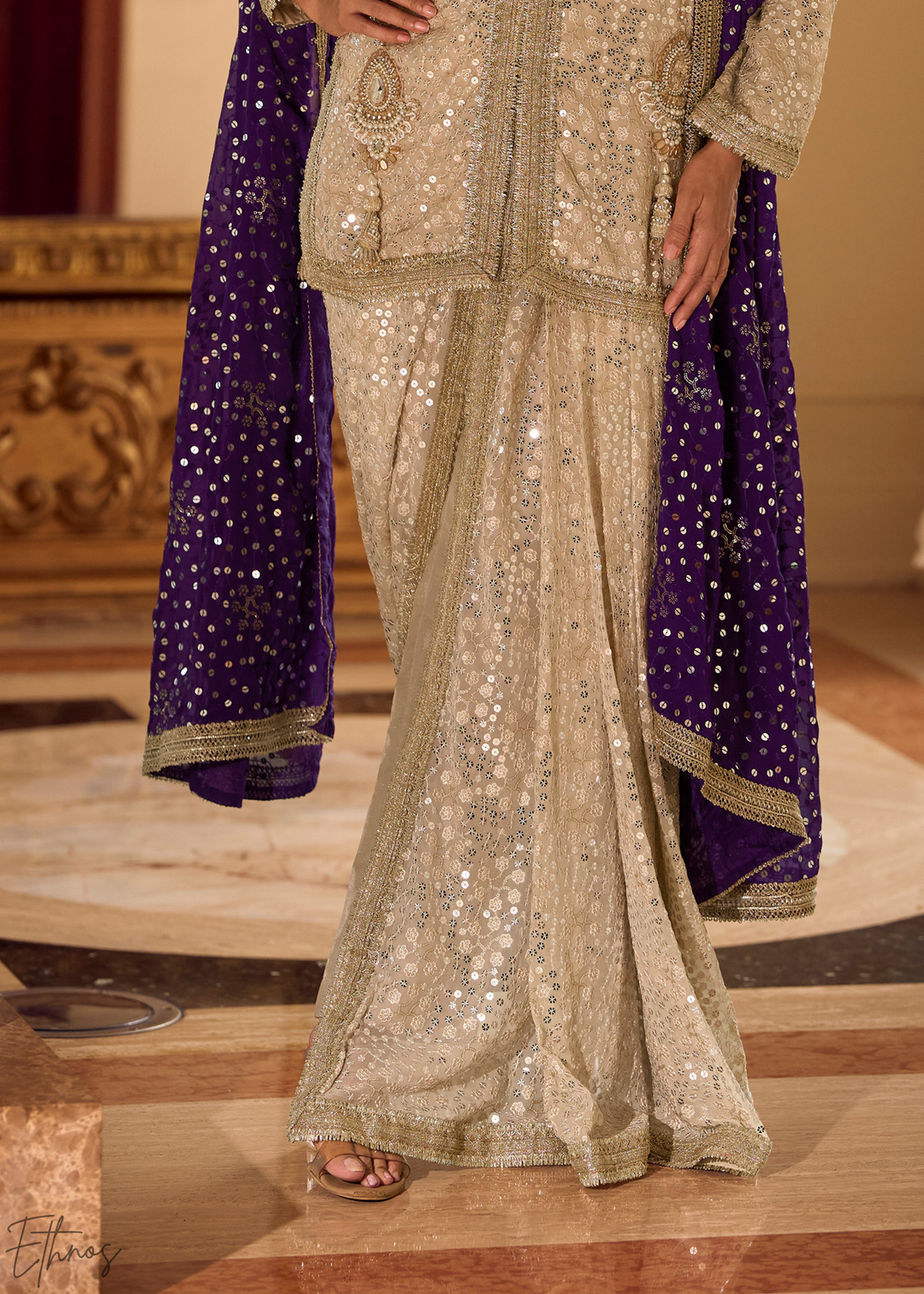 Beige & Purple Gilded Georgette Cowl Pant Set