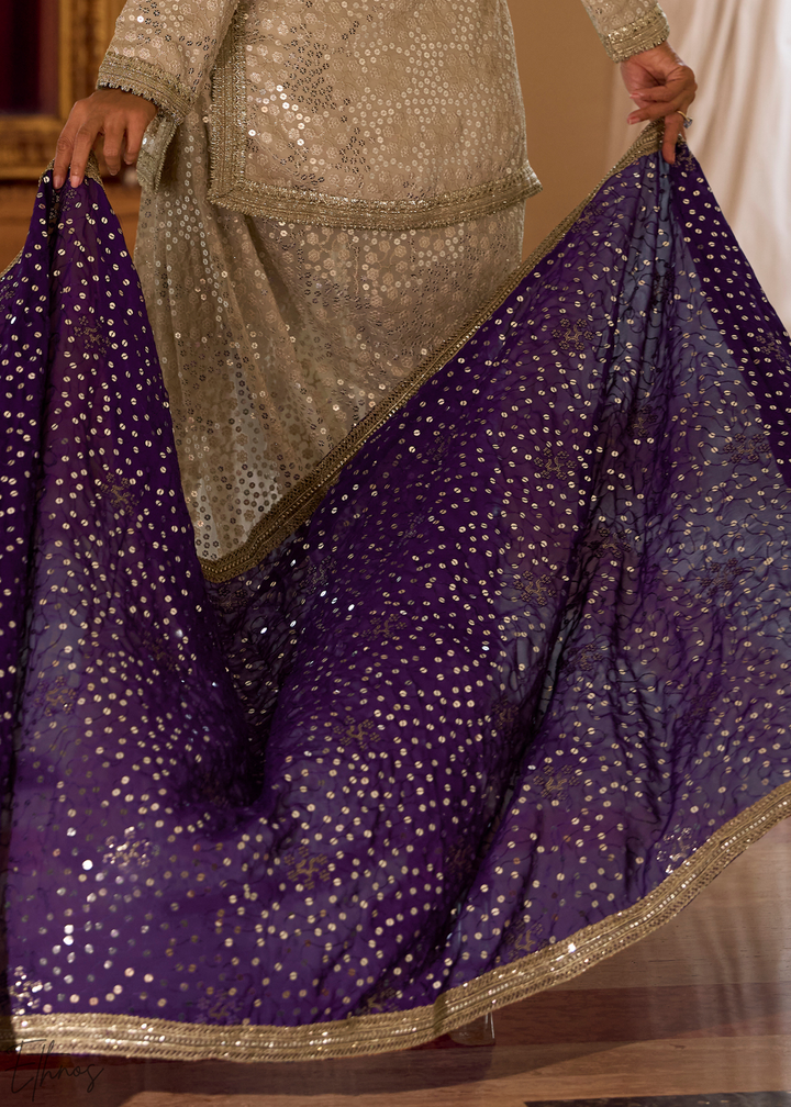 Beige & Purple Gilded Georgette Cowl Pant Set