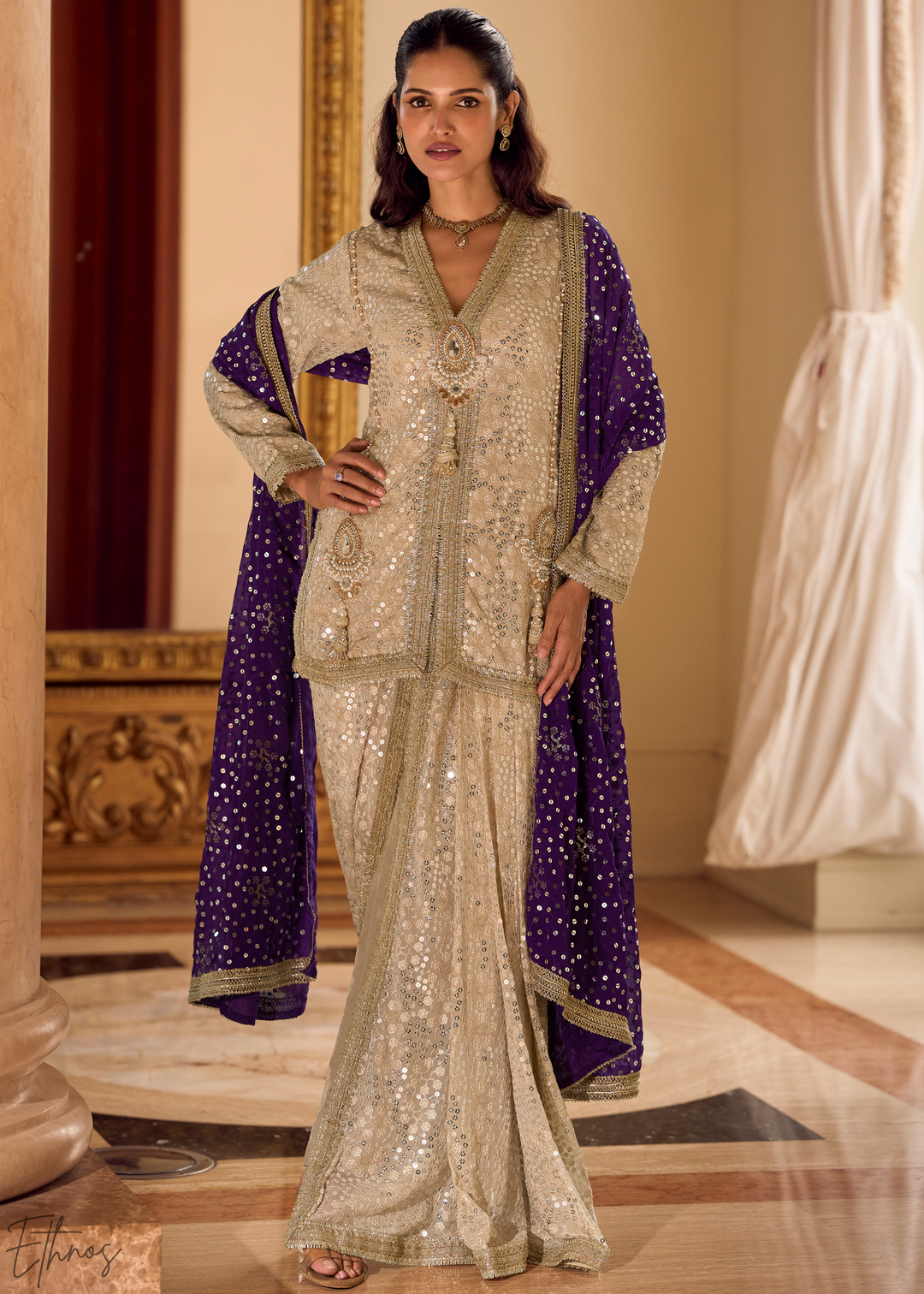 Beige & Purple Gilded Georgette Cowl Pant Set