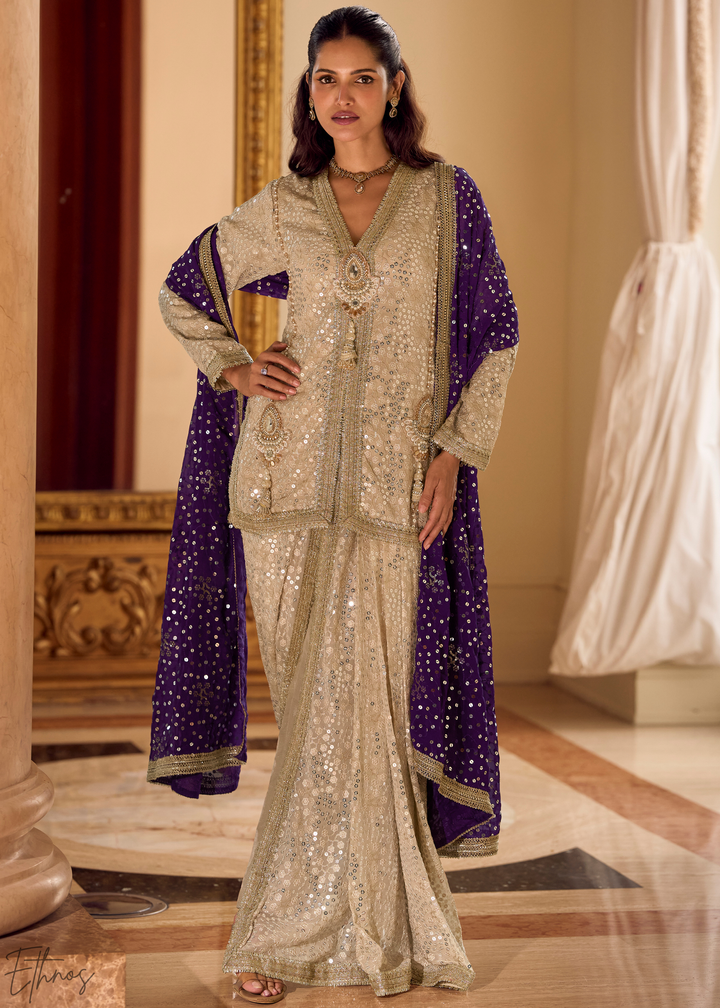 Beige & Purple Gilded Georgette Cowl Pant Set