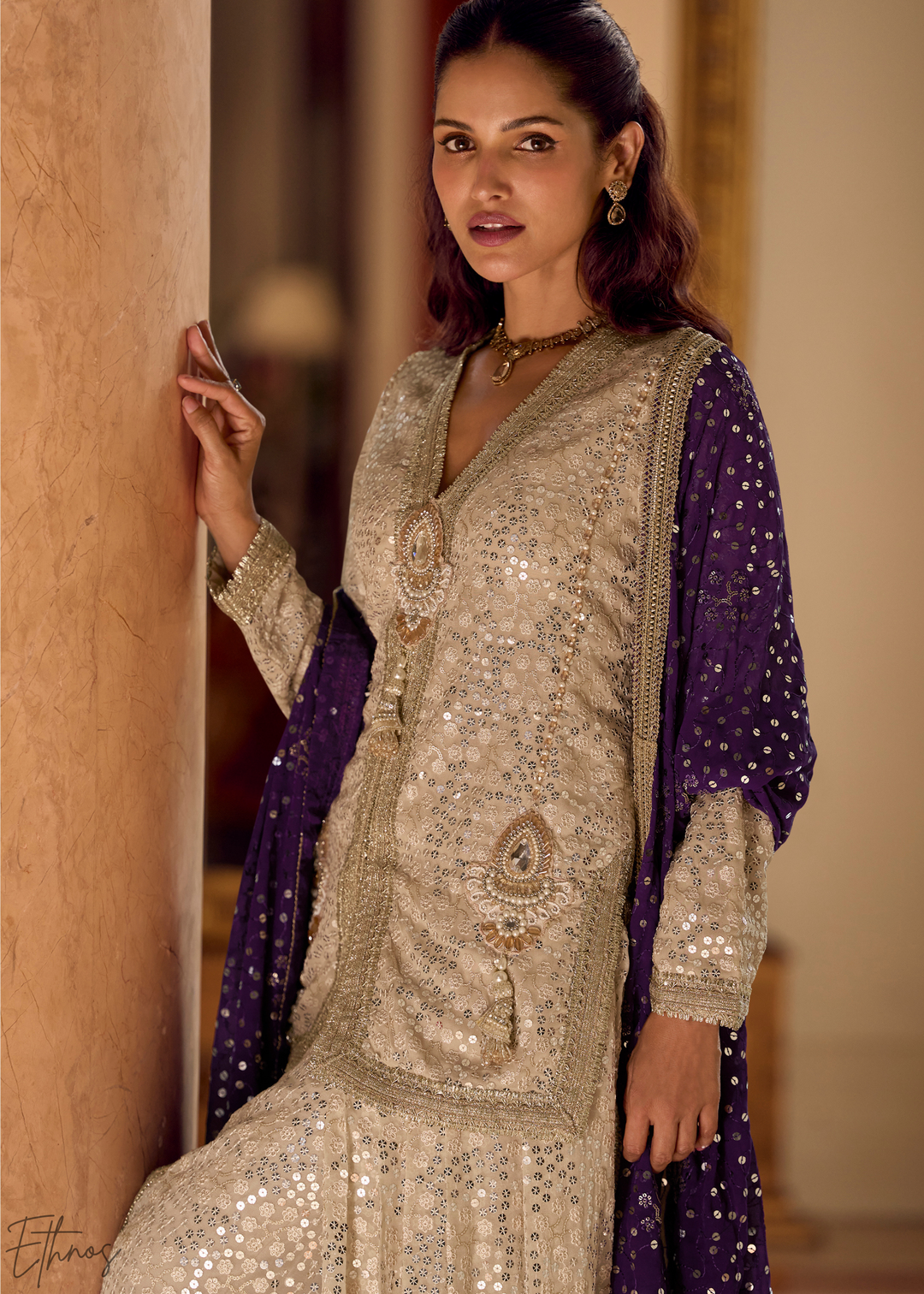 Beige & Purple Gilded Georgette Cowl Pant Set