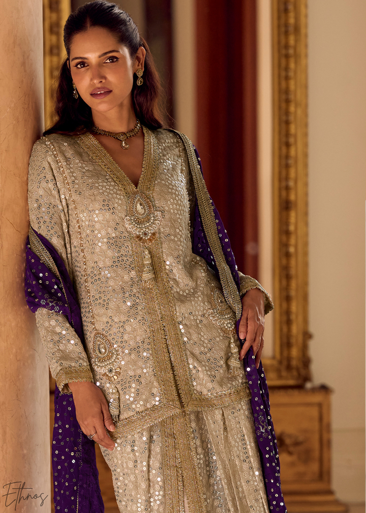 Beige & Purple Gilded Georgette Cowl Pant Set