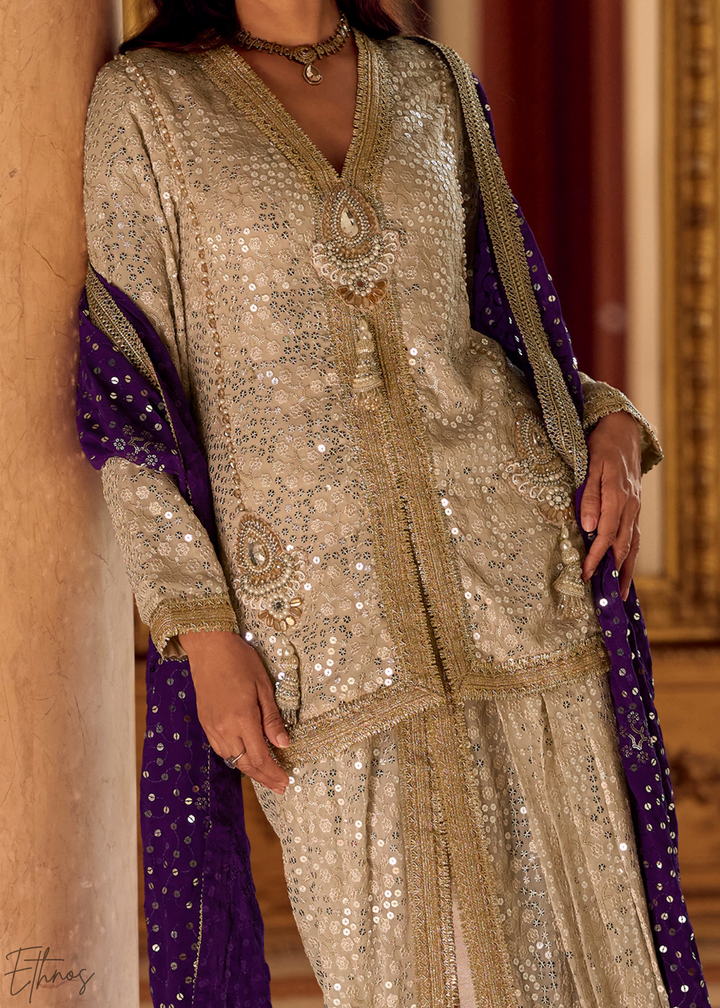 Beige & Purple Gilded Georgette Cowl Pant Set