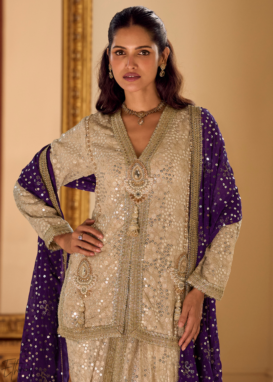 Beige & Purple Gilded Georgette Cowl Pant Set