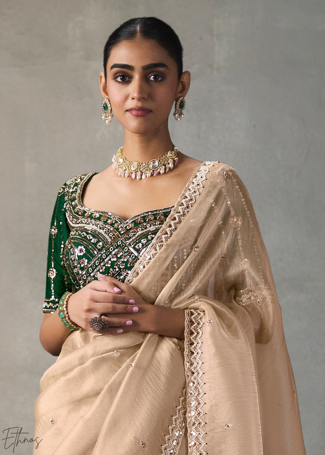 Cream Floral Scallop Beaded Border Silk Saree