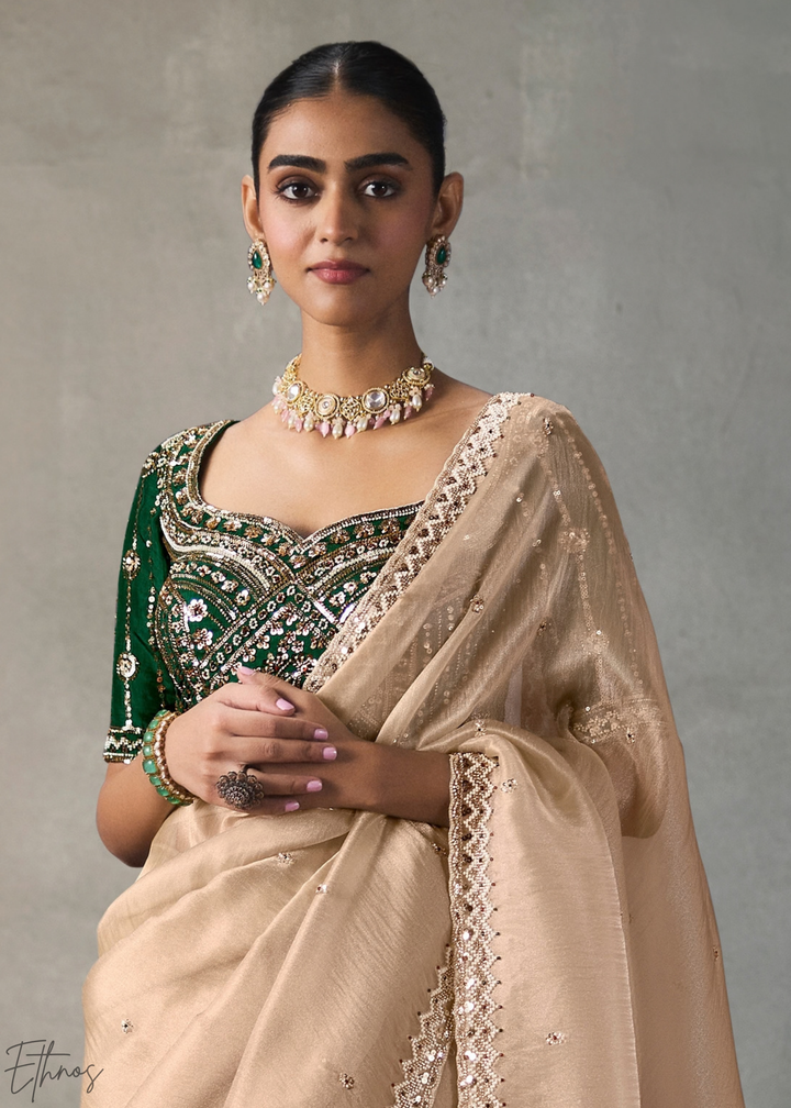 Cream Floral Scallop Beaded Border Silk Saree