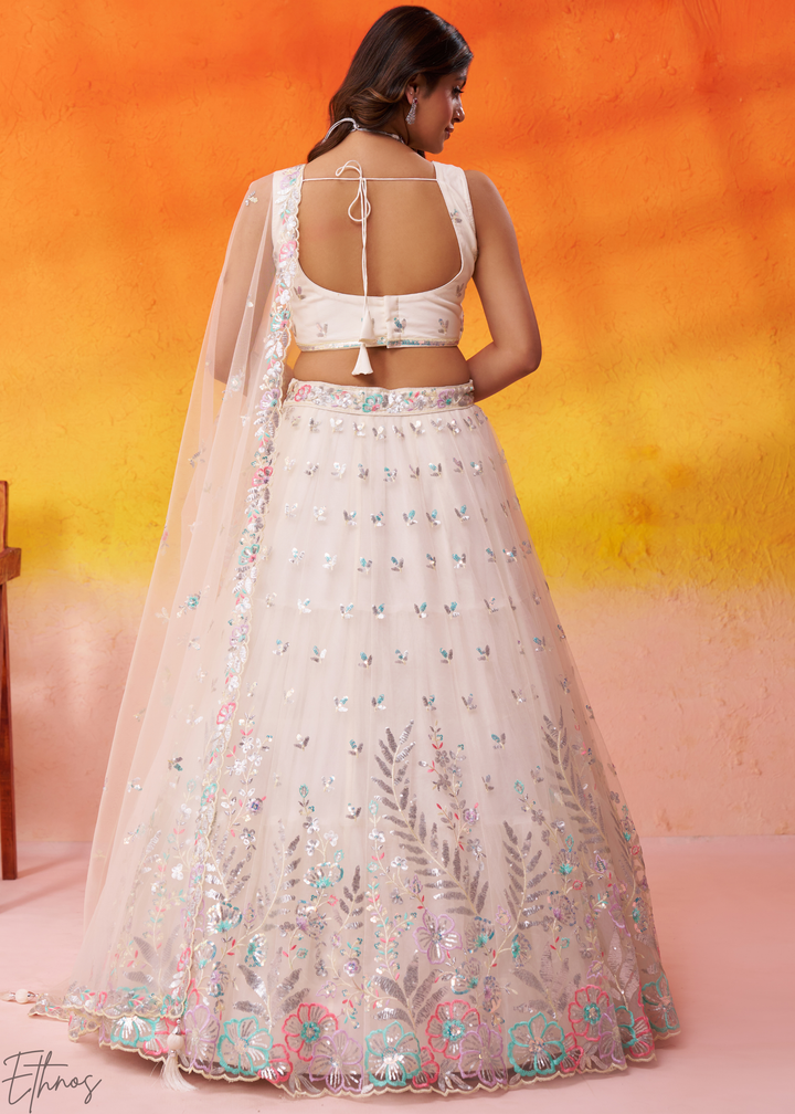 Cream Multi-Colored Sequins Net Lehenga