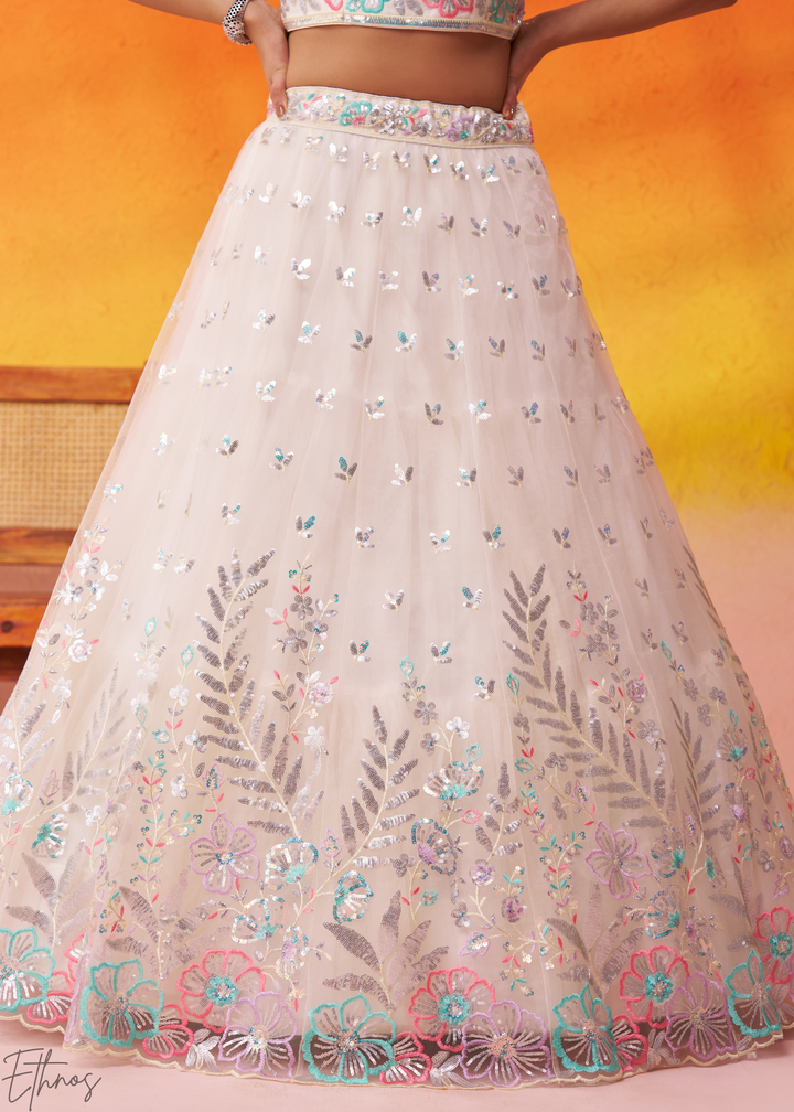 Cream Multi-Colored Sequins Net Lehenga