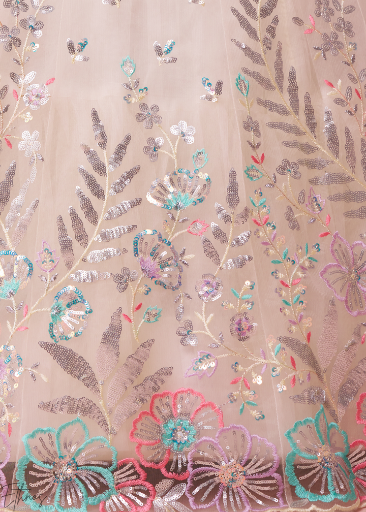 Cream Multi-Colored Sequins Net Lehenga