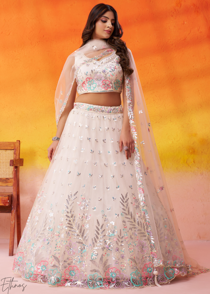 Cream Multi-Colored Sequins Net Lehenga