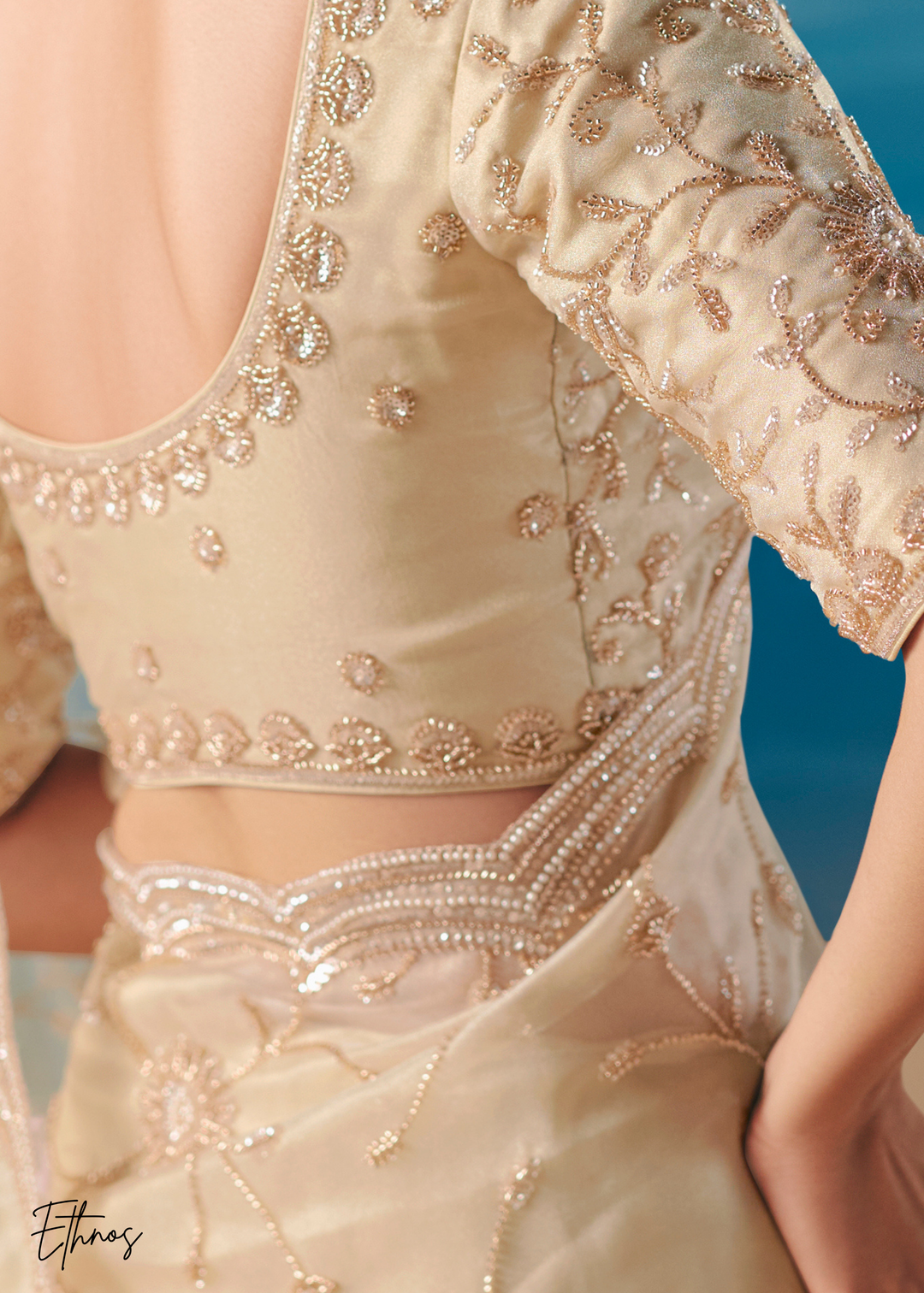 Cream Sequins Organza Saree