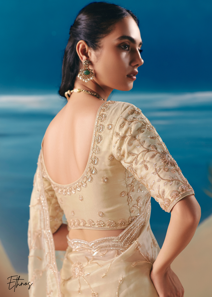 Cream Sequins Organza Saree